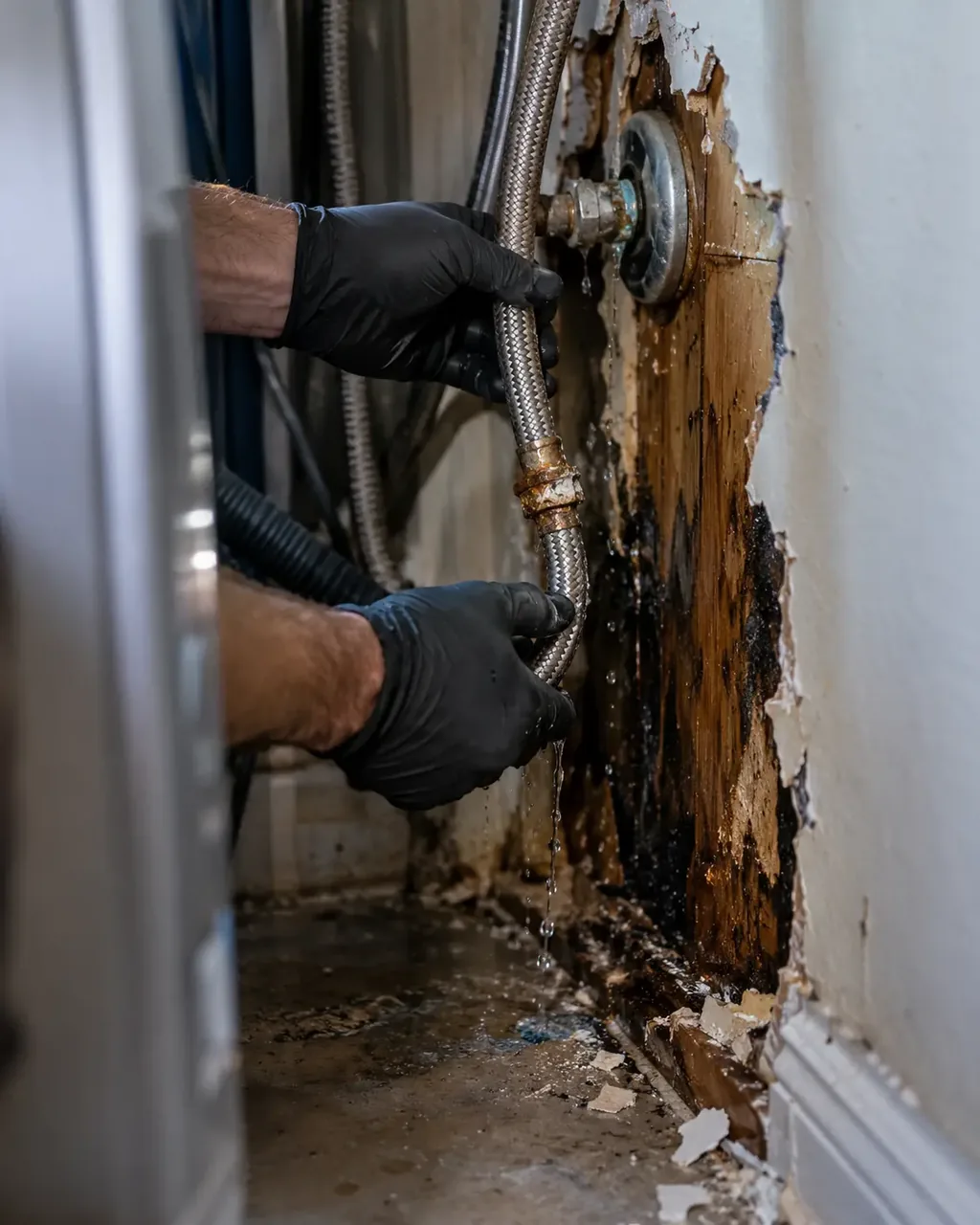 Leaking washer supply line behind a washing machine during appliance leak cleanup in San Marcos, TX
