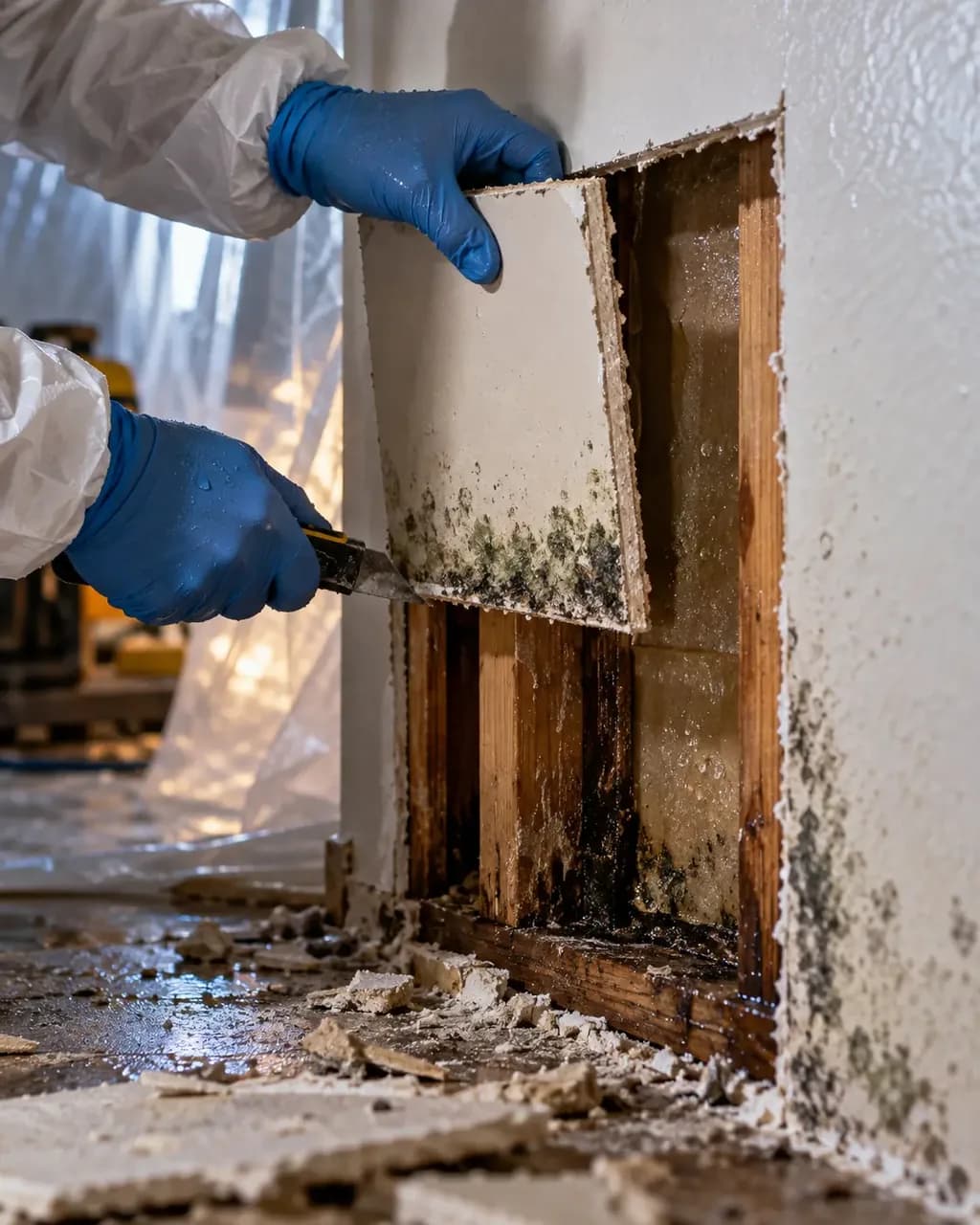 Cutting out mould-damaged drywall inside containment during mold remediation in San Marcos, TX
