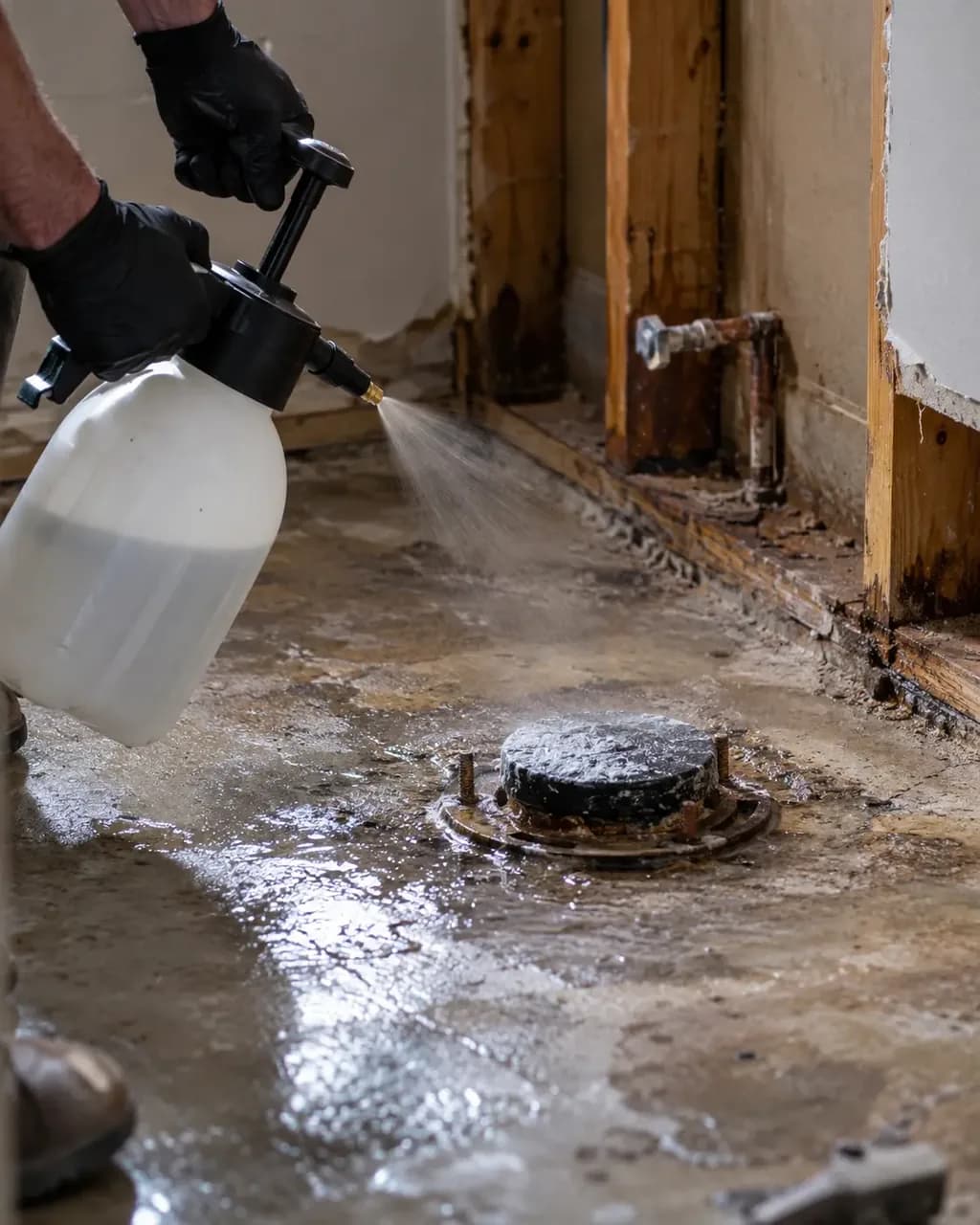 Disinfecting a stripped floor after a sewage backup during sewage cleanup in San Marcos, TX