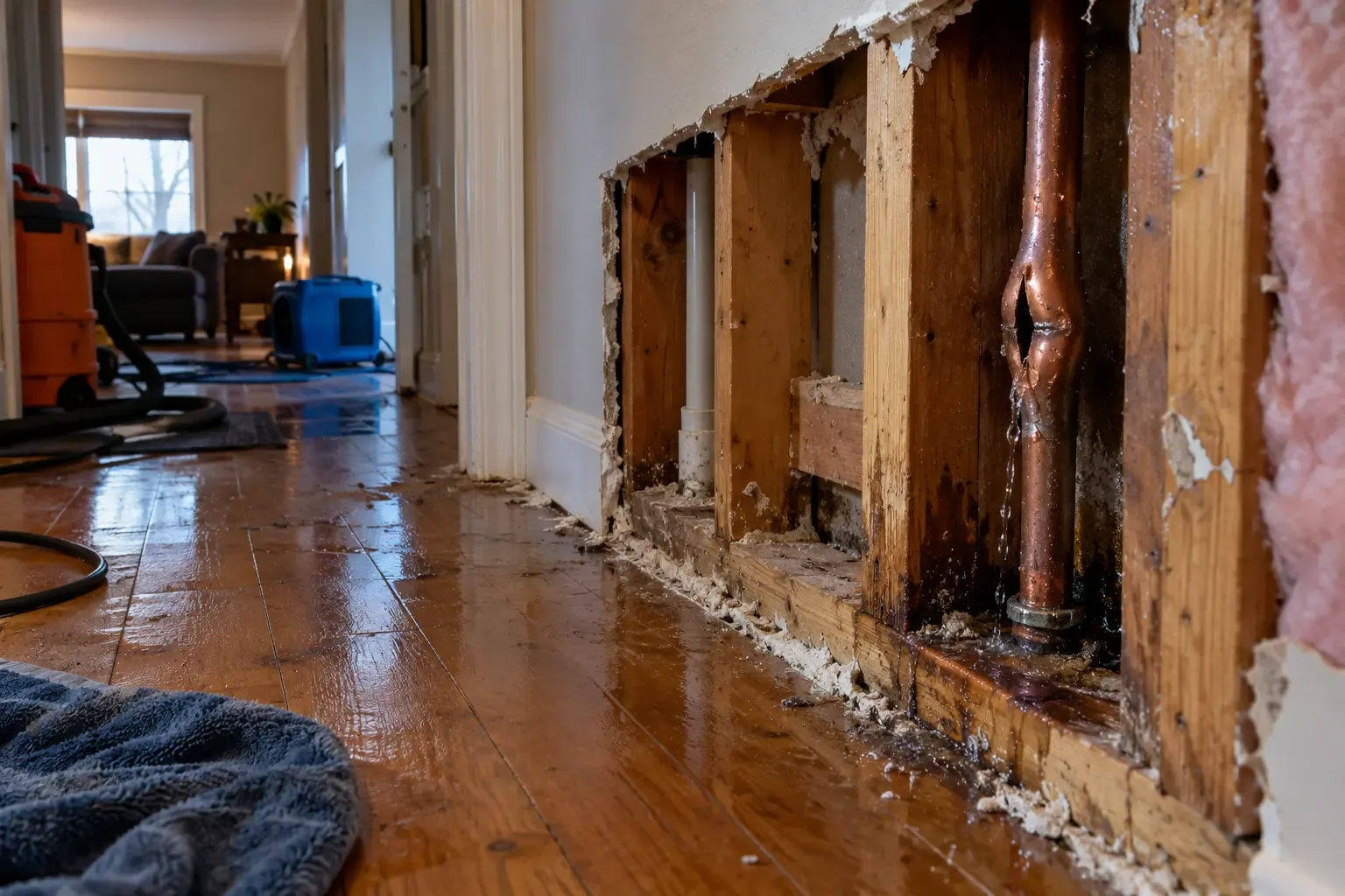 Opened wall showing a split copper supply pipe after a freeze in a San Marcos, TX home