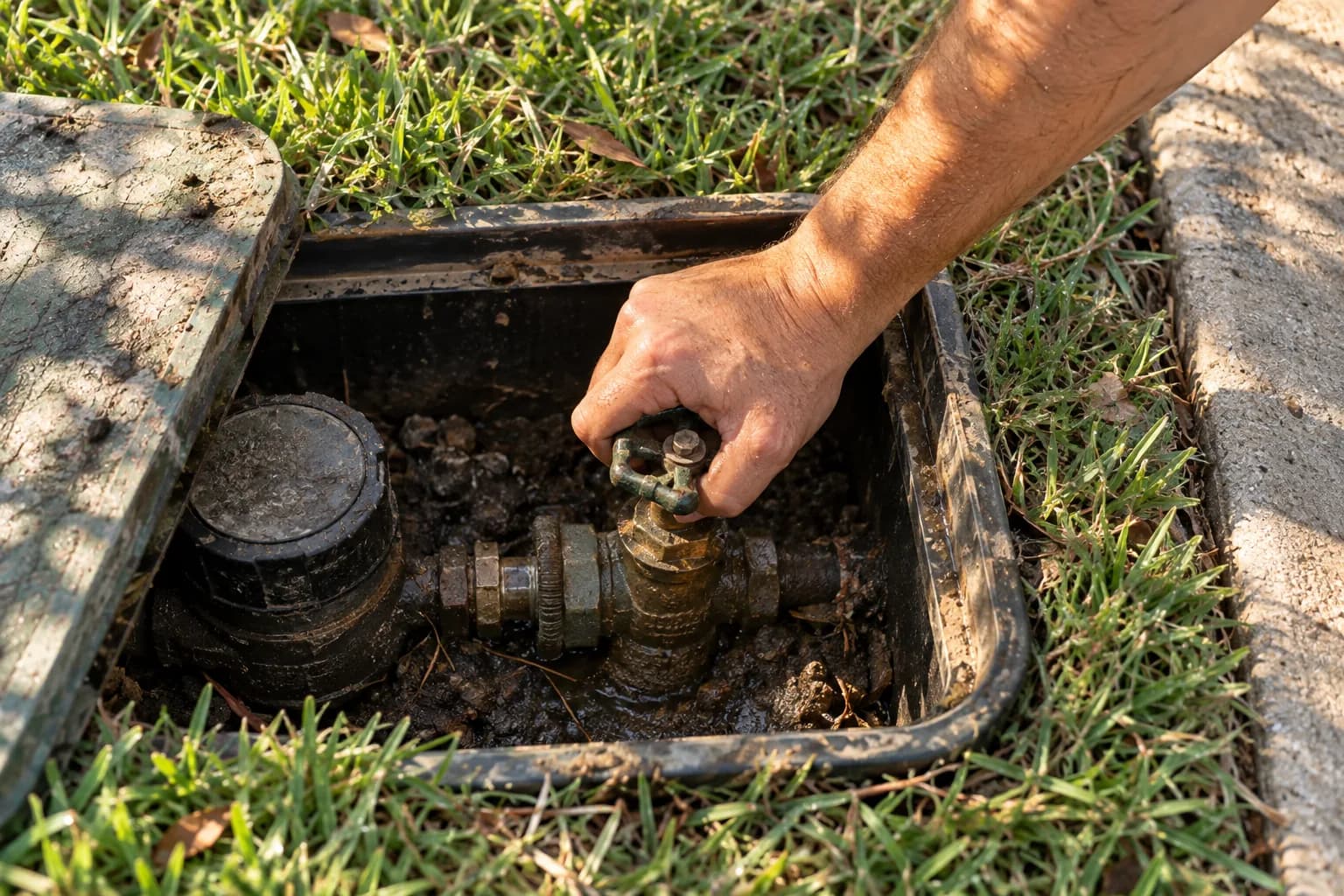 Hand turning the main water shut-off valve clockwise at a curbside meter box to stop a house flood