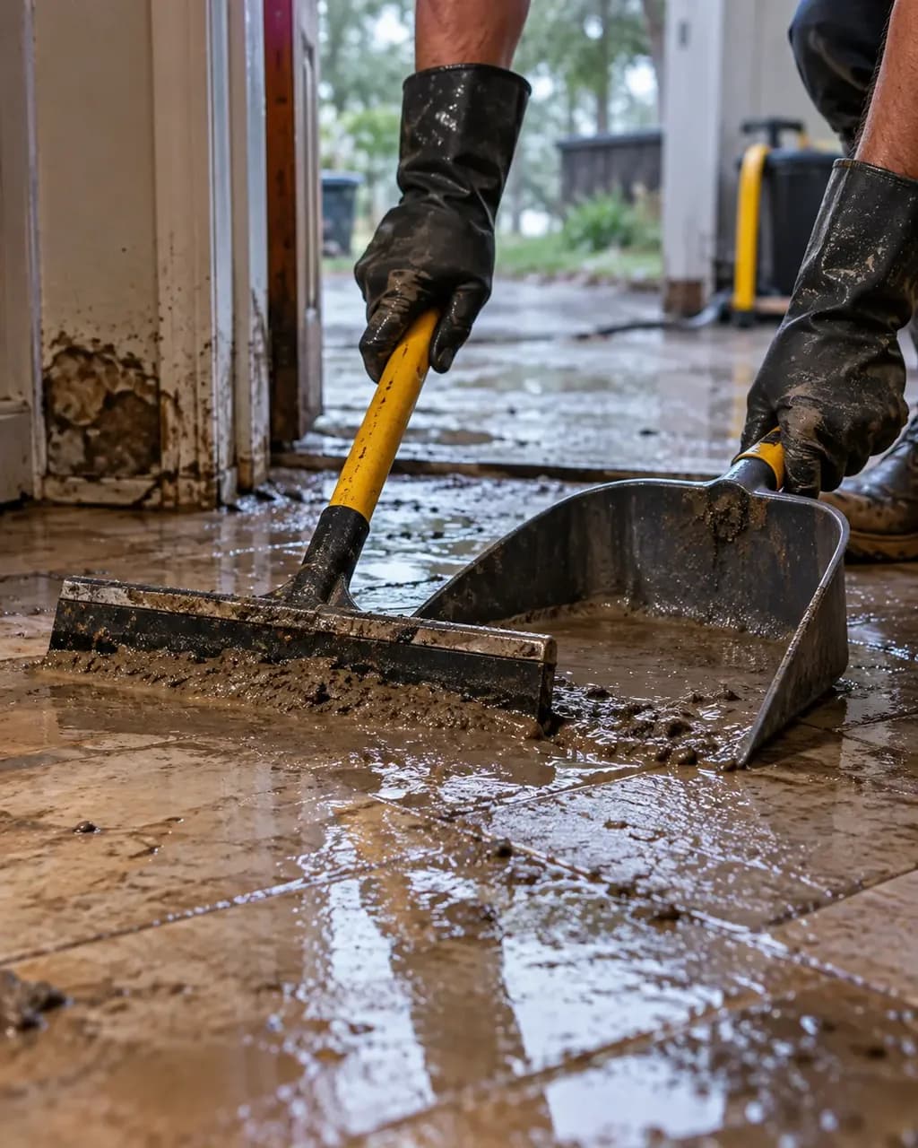 Silt being scraped off a tile floor during flood damage cleanup in San Marcos, TX