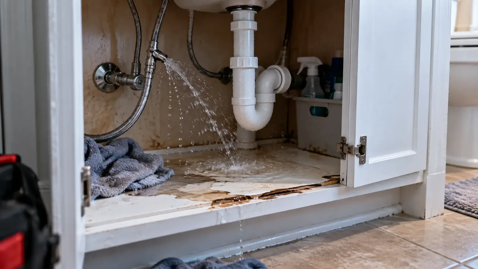 A sudden burst supply line under a bathroom sink soaking the cabinet floor in a Texas home