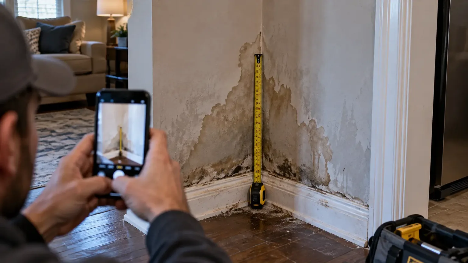 A phone photographing a water-stained wall with a tape measure for scale in a Texas home