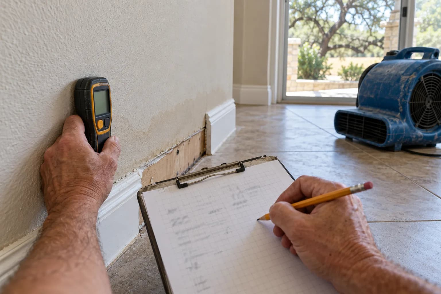 Hands logging a daily moisture reading on a clipboard beside an air mover, the check against equipment-day overcharges