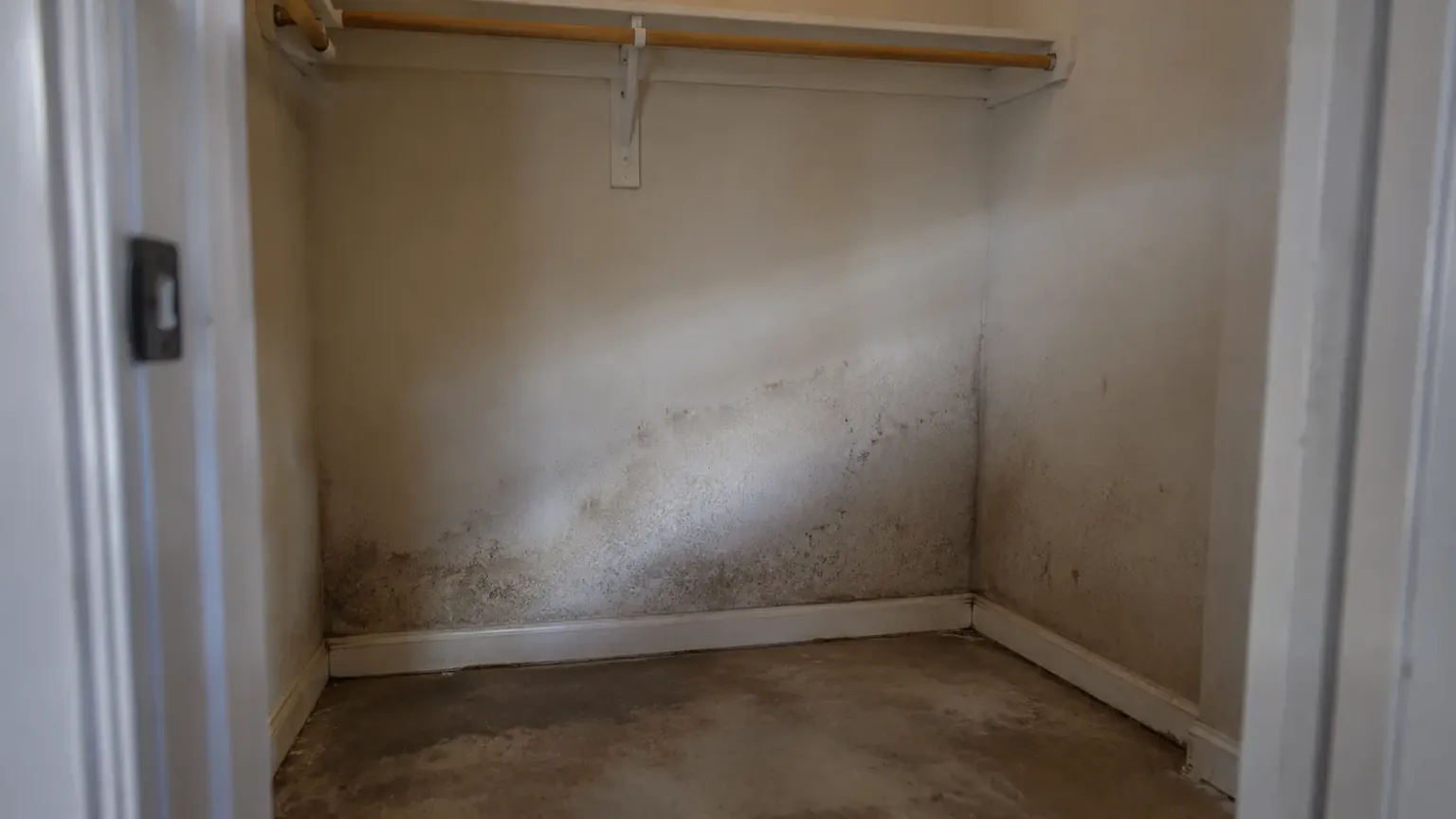 An empty closet with a faintly darkened baseboard where a musty smell hides moisture in a Texas home