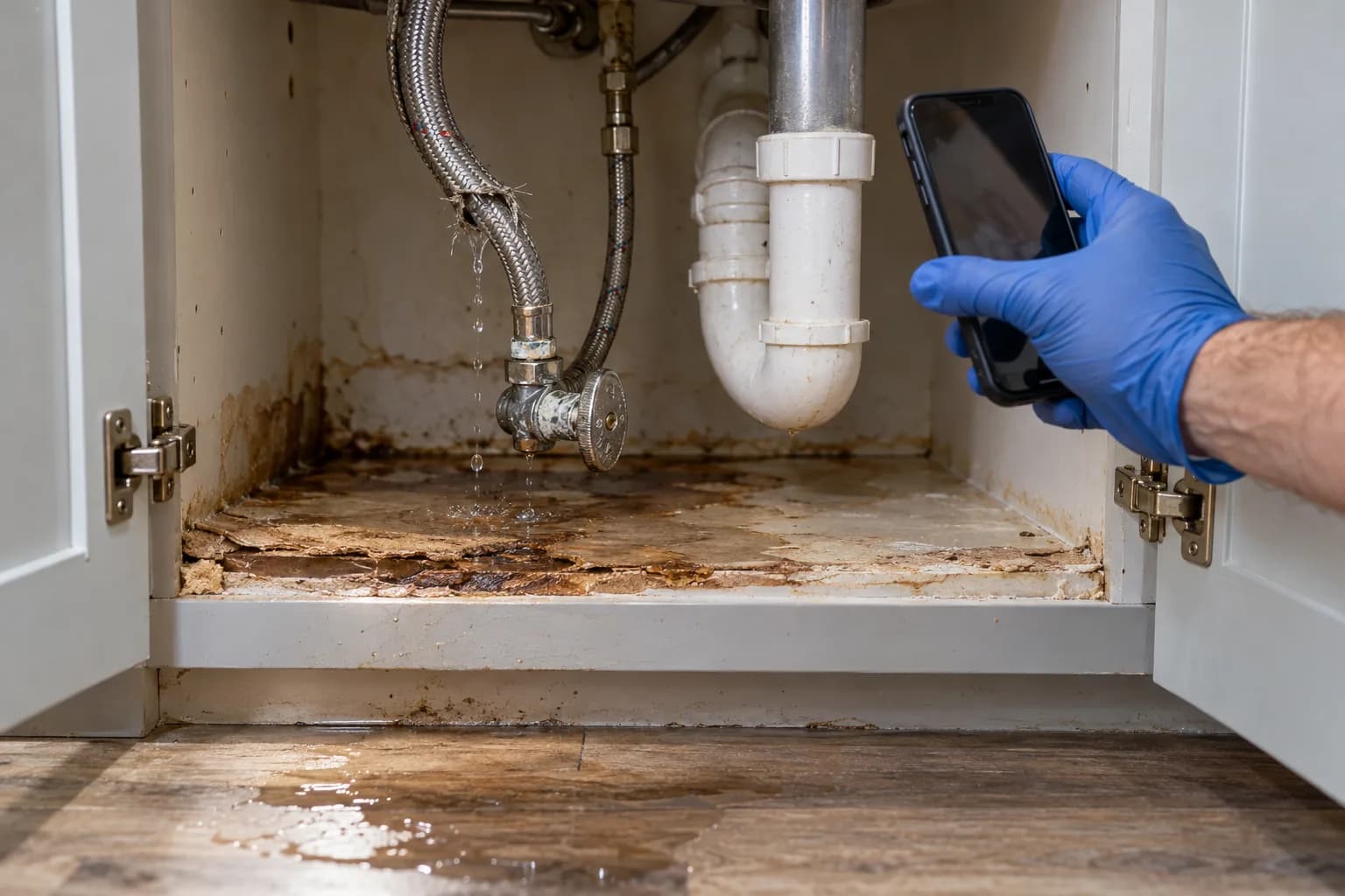 Gloved hand photographing a split supply line under a kitchen sink to document the water damage source for an insurance claim