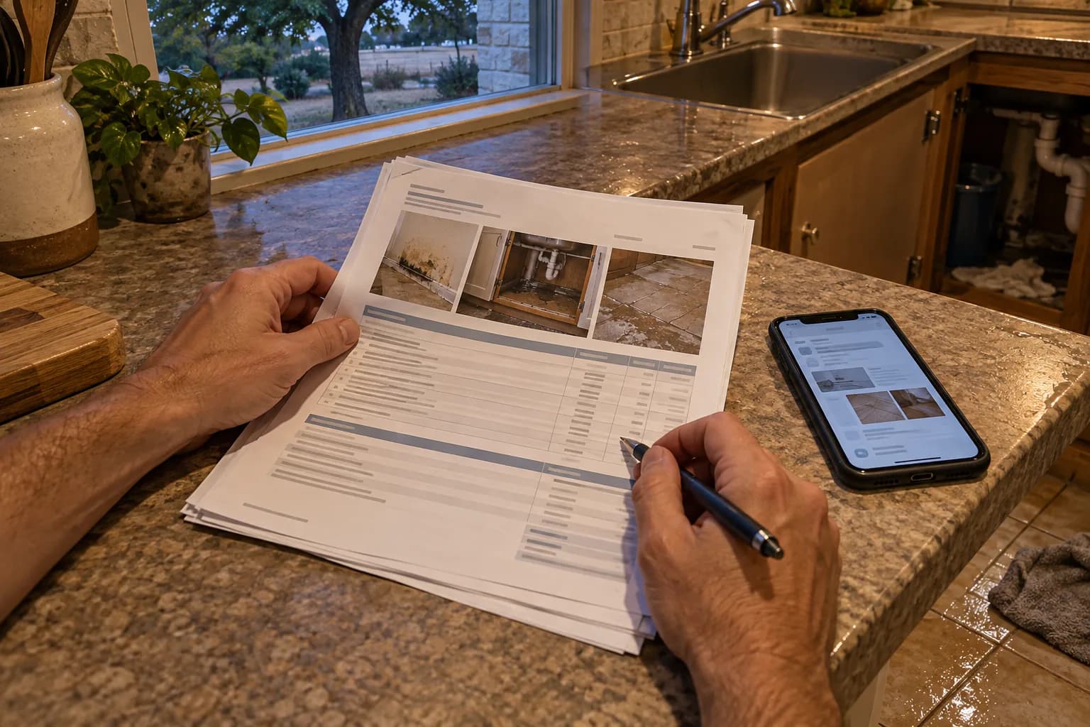 Hands holding a multi-page written scope over a kitchen counter while vetting a water damage restoration company
