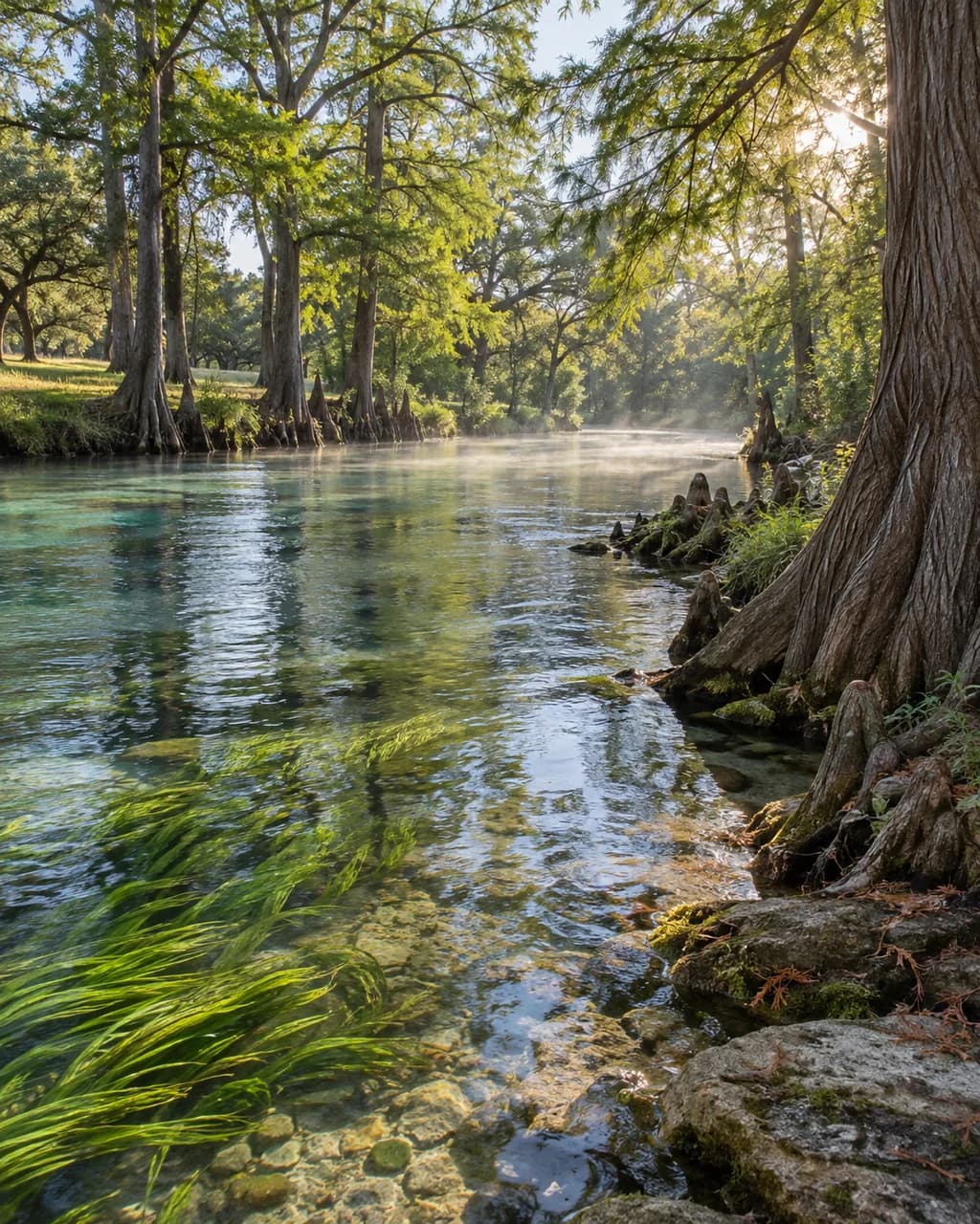 Clear San Marcos River water running over limestone shelves beneath bald cypress trees in San Marcos, TX