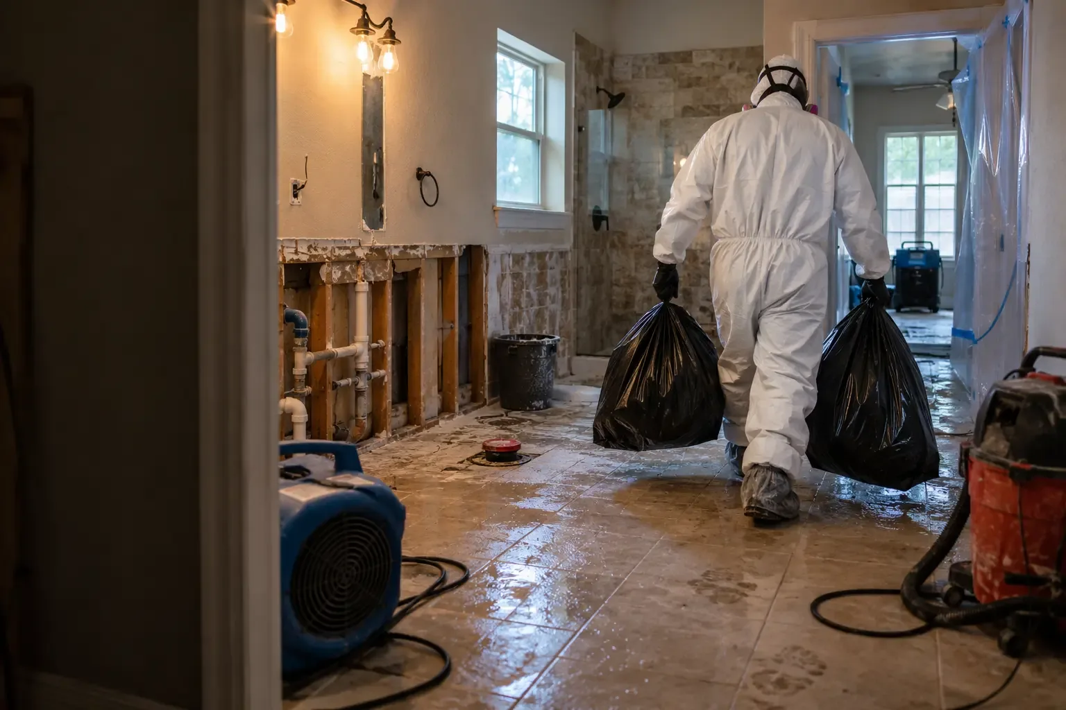 Technician in protective suit removing sealed bags after sewage cleanup in a San Marcos, TX bathroom