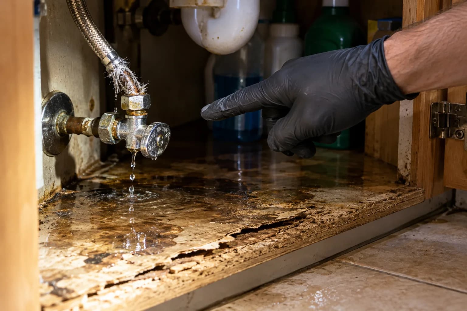 Split supply line and cracked fitting under a kitchen sink, the sudden failure to document for a water damage insurance claim