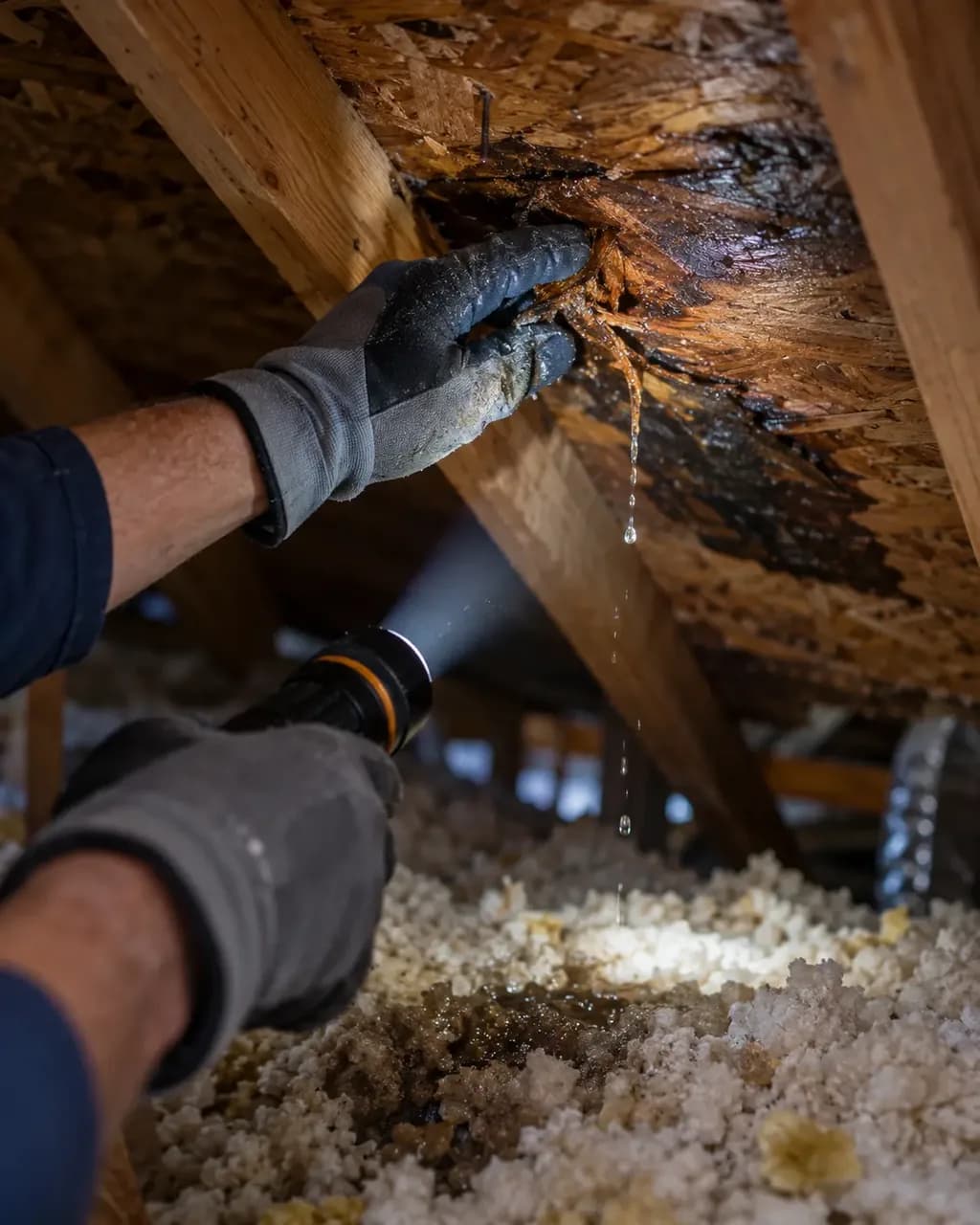 Wet roof decking and insulation in an attic during storm damage restoration in San Marcos, TX