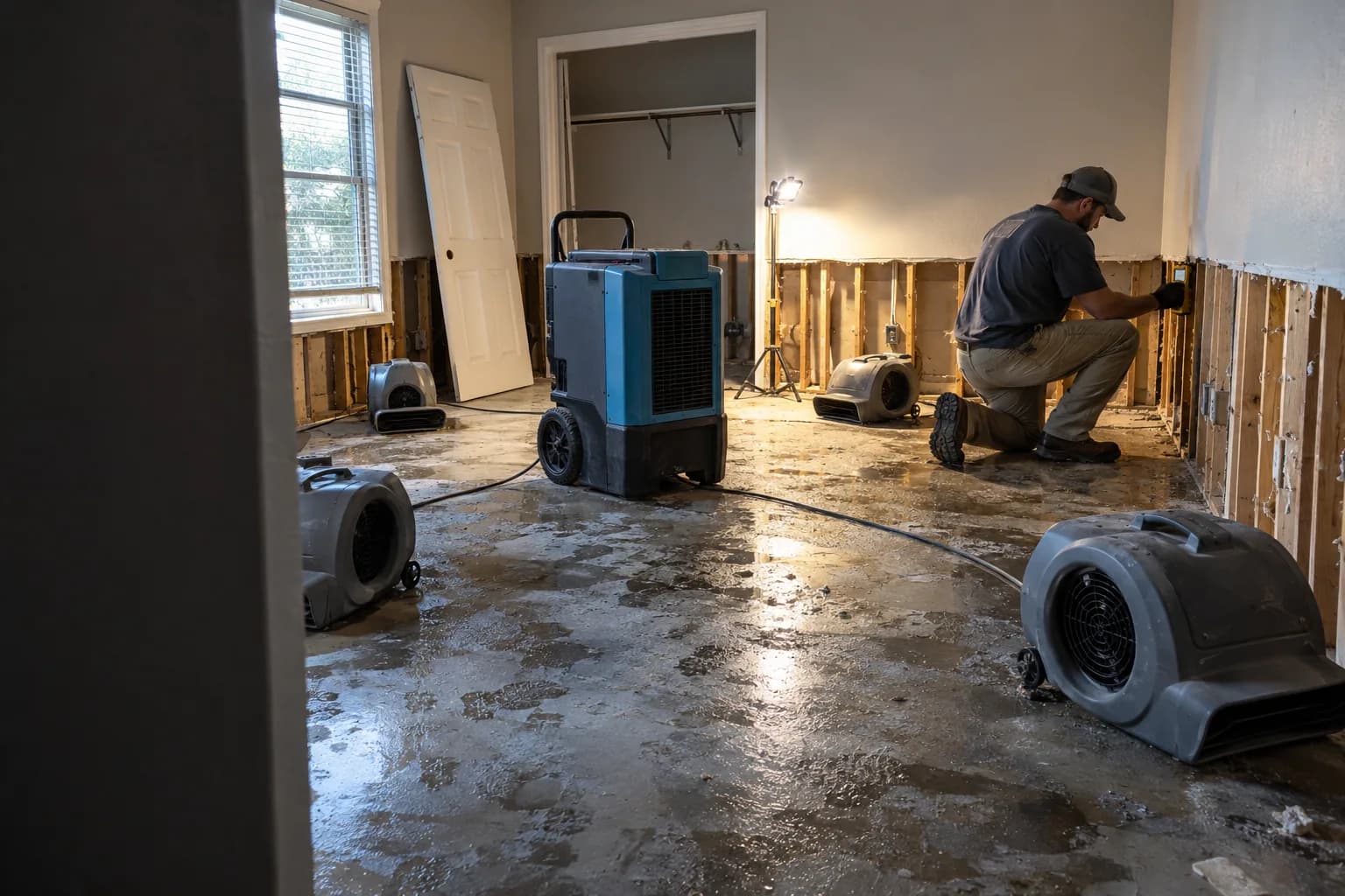 Air movers and a dehumidifier drying flood-cut walls during structural drying in San Marcos, TX