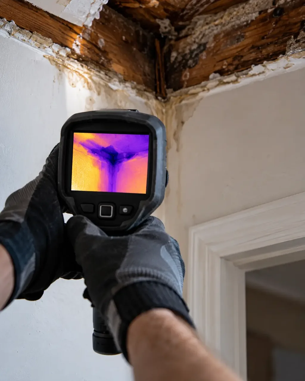 Thermal camera showing a cool moisture shape in a ceiling corner during water damage inspection in San Marcos, TX