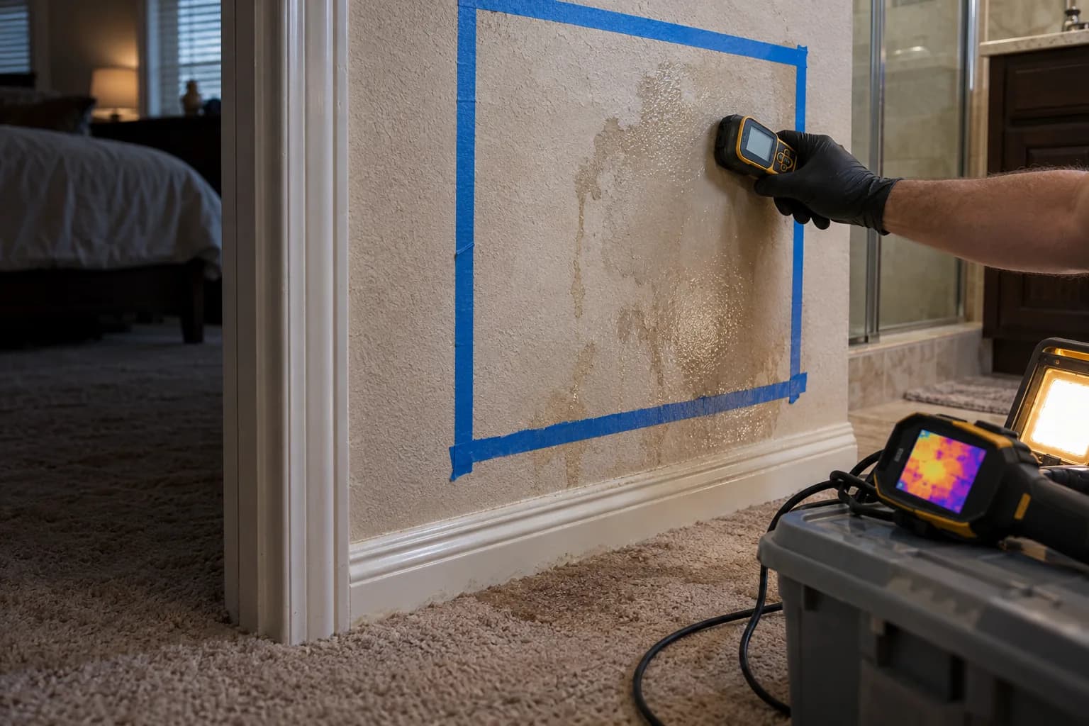 Moisture meter and painter's tape mapping a wet wall during a water damage inspection in San Marcos, TX