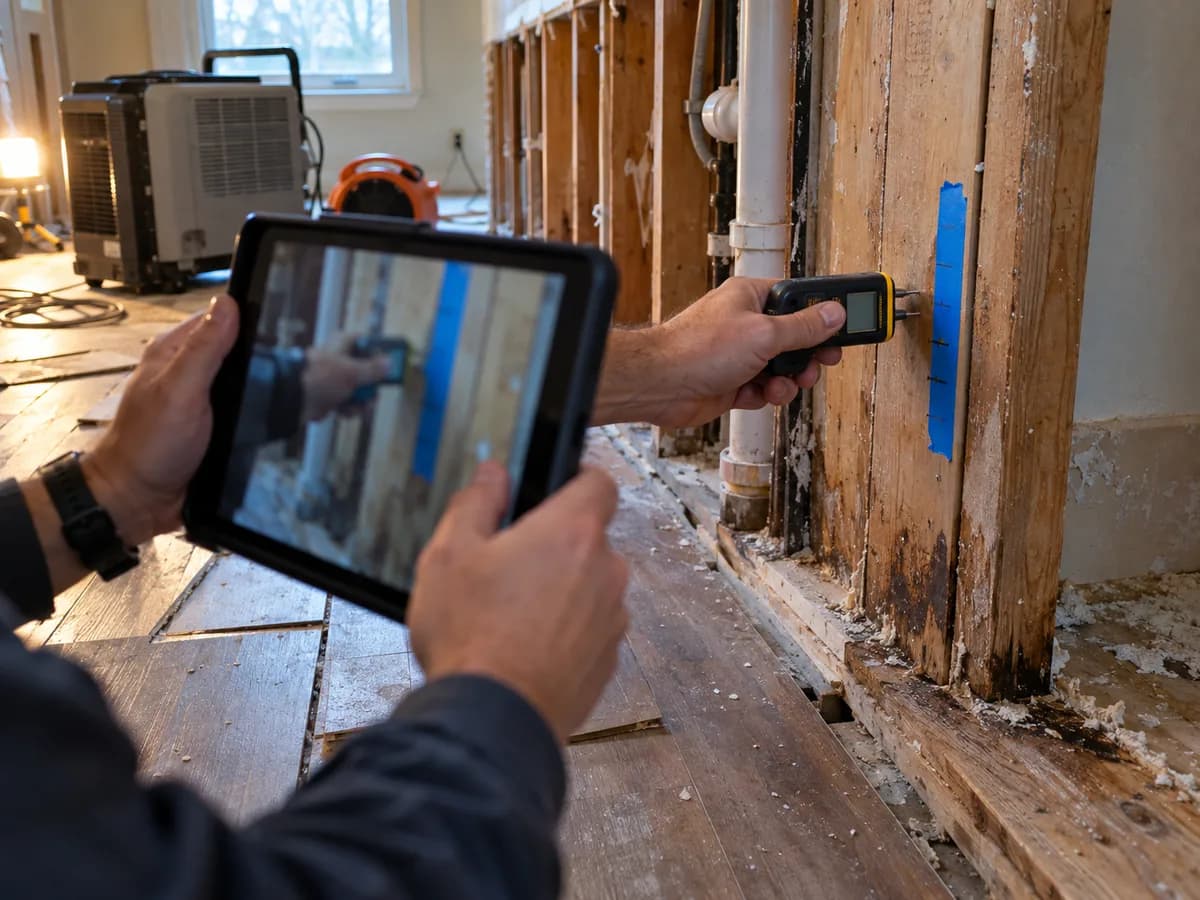 Tablet photographing moisture readings on a flood-cut wall for an insurance file in San Marcos, TX