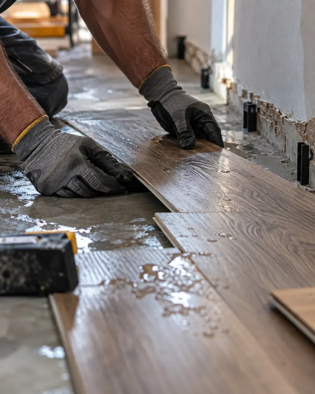 Installing new vinyl plank flooring after drying during water damage repair in San Marcos, TX