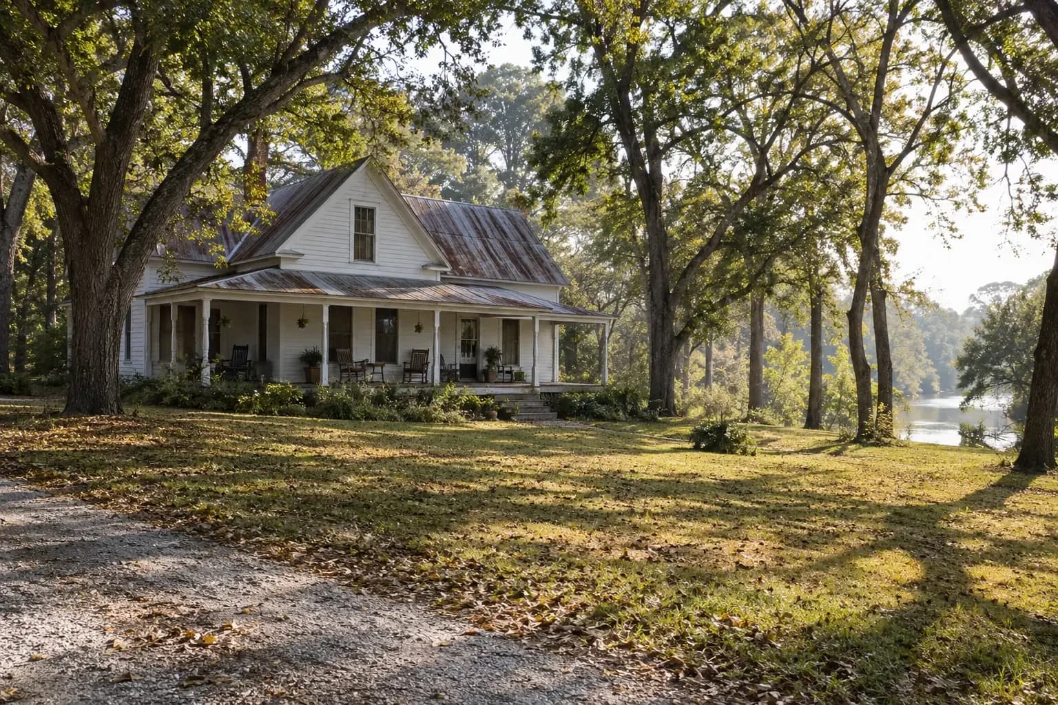 An older wood farmhouse with a deep porch near the San Marcos River in Martindale, TX