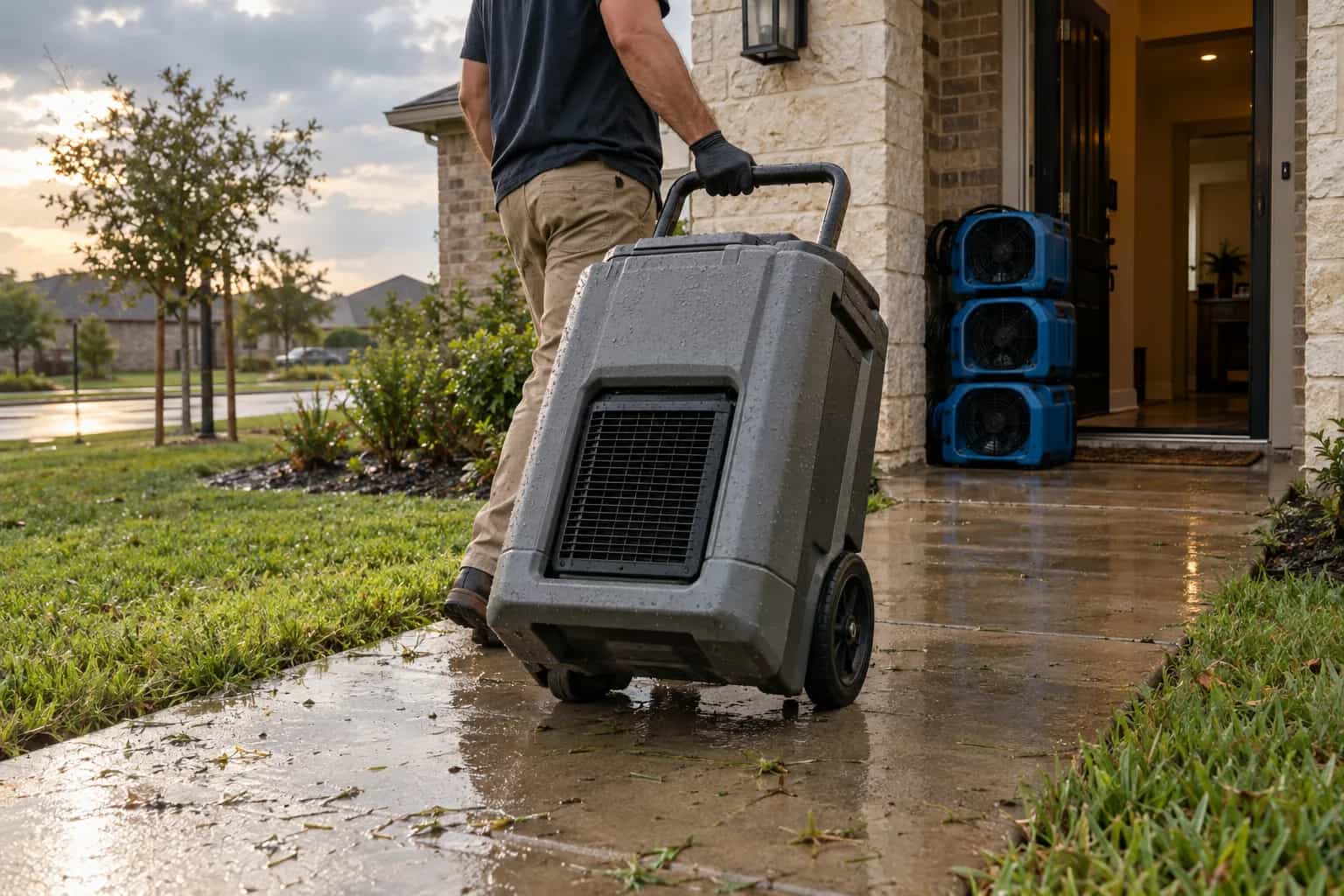 Restoration air movers and a dehumidifier staged at the front door of a brick home in San Marcos, TX