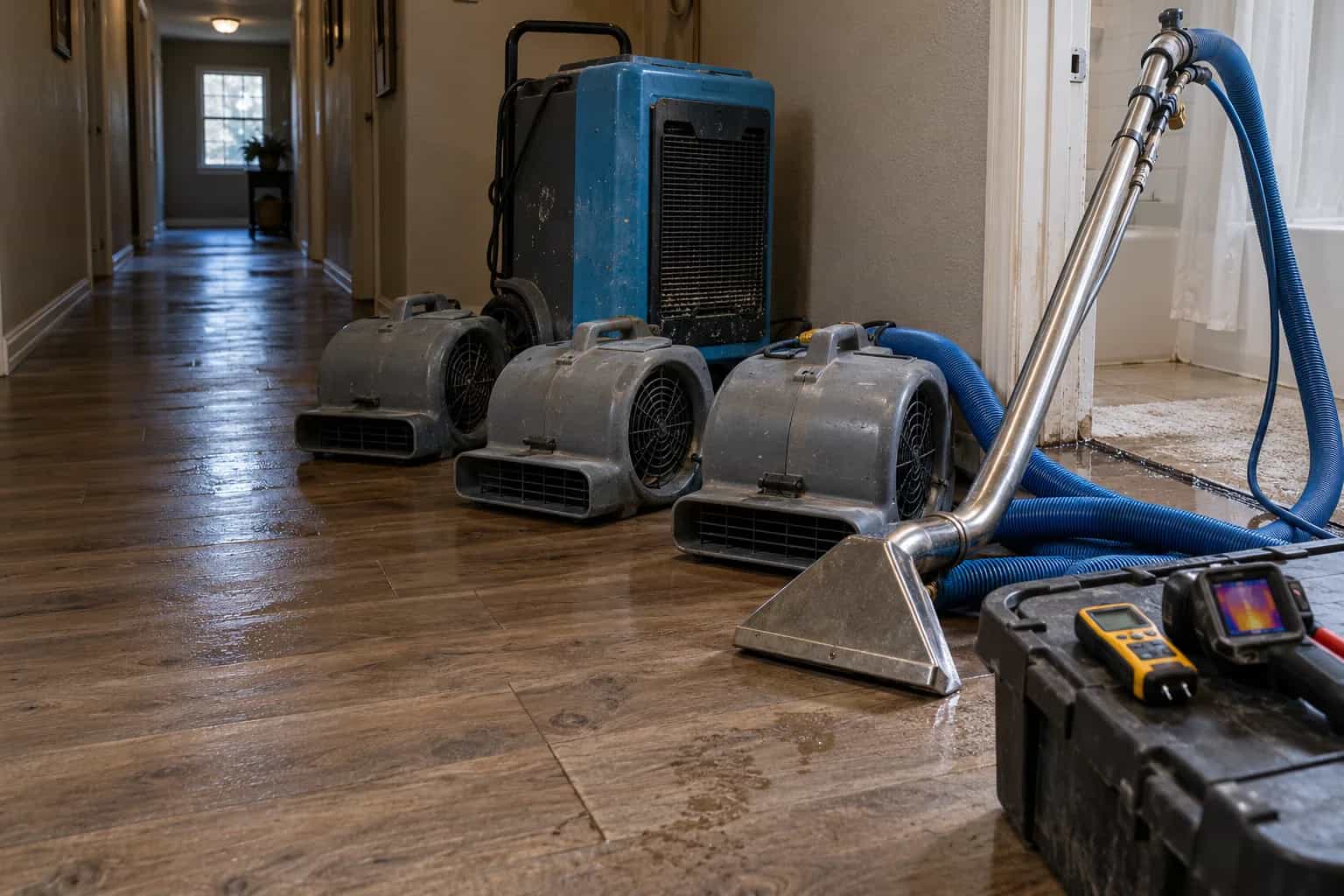 Extraction wand, air movers, dehumidifier and moisture meter staged in a San Marcos, TX hallway