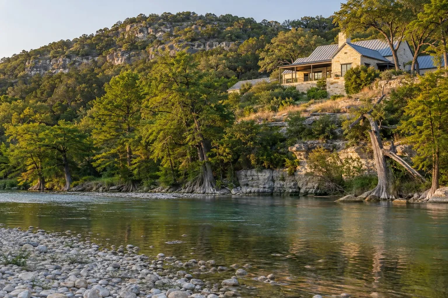 A metal-roofed Hill Country home set high above the Blanco River among bald cypress in Wimberley, TX