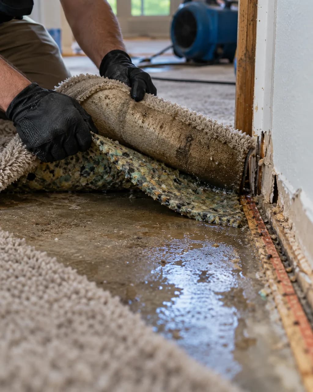 Hands peeling back carpet and pad to expose a wet slab during water extraction in San Marcos, TX